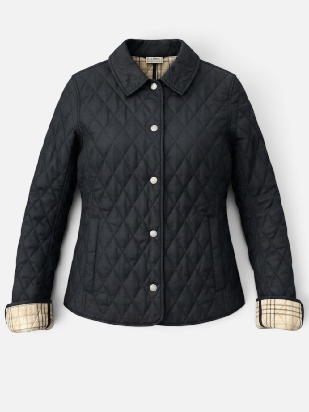 L.L. Bean Quilted Jacket S Navy Plaid Lined Barn Coat Preppy Coastal Grandmother